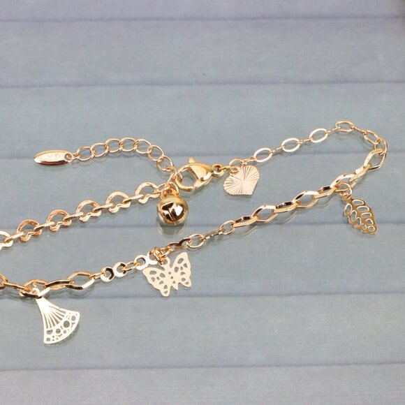 "Rose Gold Butterfly Leaf Charm Anklet in Gold Plated Brass, XPAL1047 - Picture 9 of 12